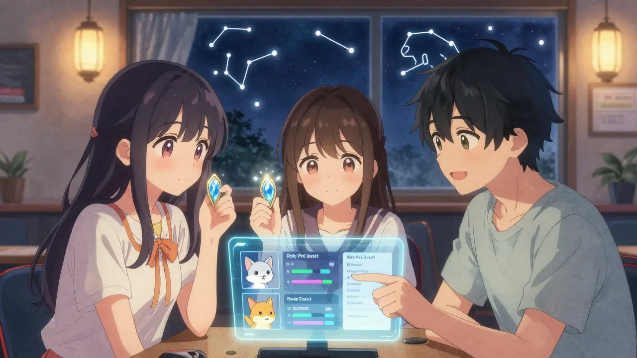 Three friends smiling at a holographic game interface in a cozy room, with glowing KEY tokens and daily quests visible.