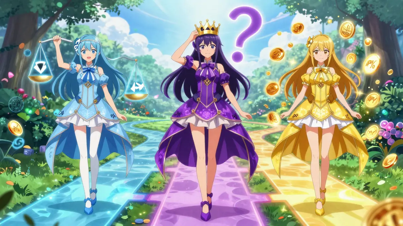 Three girls in color-coded outfits represent sdCRV, vsdCRV, and asdCRV, standing on branching paths in a digital garden with voting and yield symbols.
