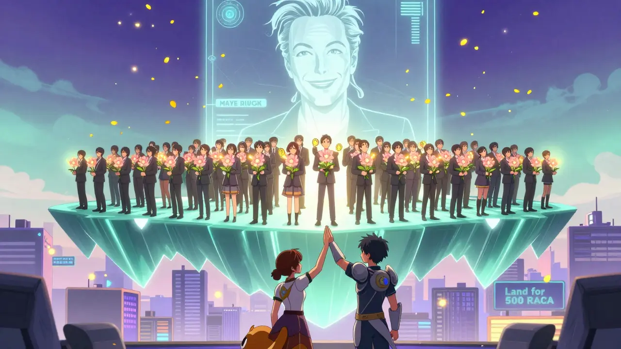 1,000 winners on a floating platform receiving RACA tokens that bloom into flowers under Maye Musk's hologram.