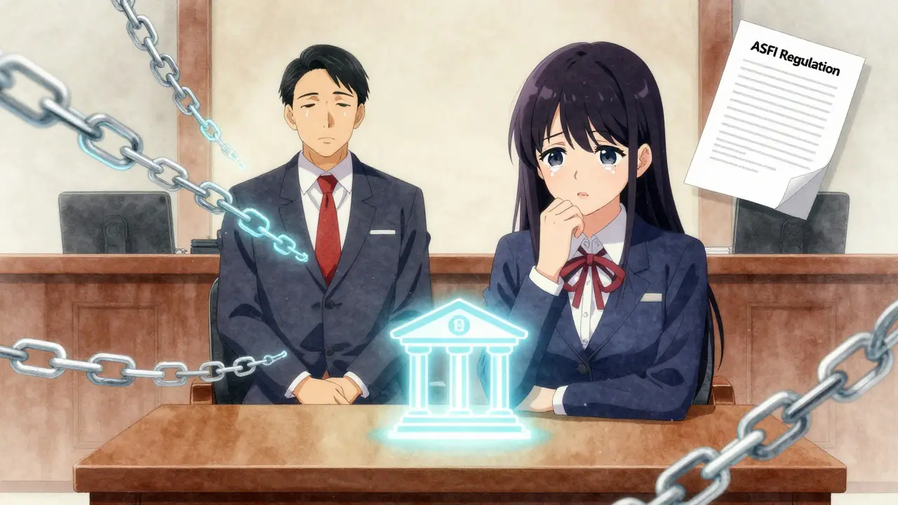 A business owner in court facing digital chains from unreported crypto, with a glowing bank symbol above.