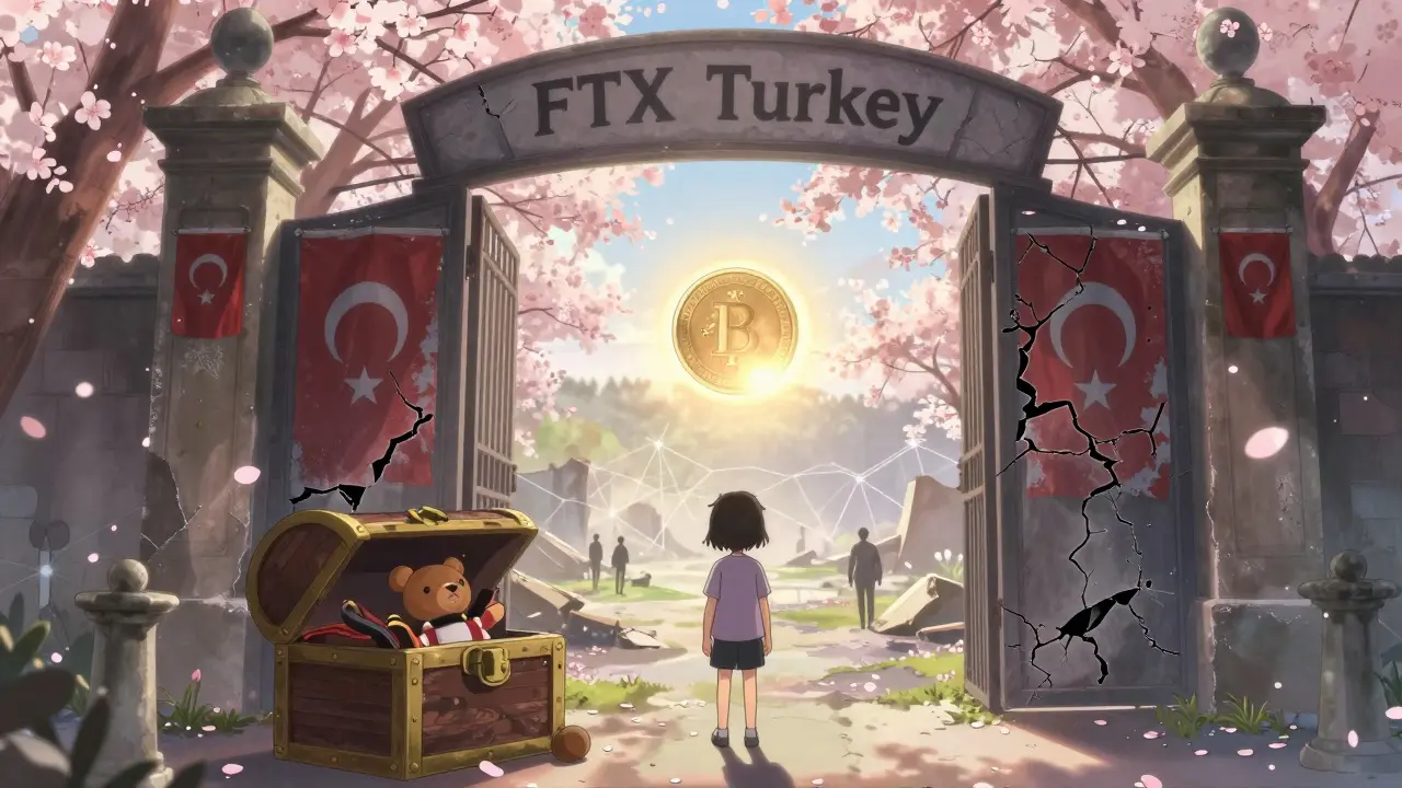 A child placing a bear into a hardware wallet as the broken FTX Turkey gate fades behind them under a rising digital lira sun.