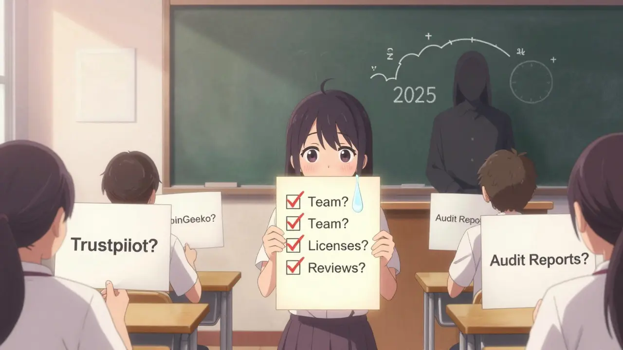 A classroom with students holding blank verification signs, one girl holding a checklist with all items crossed out in red.