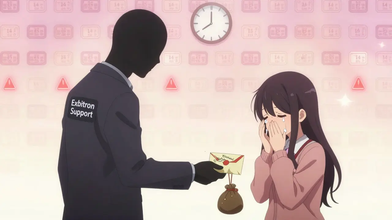 A crying girl receives a torn withdrawal notice from a faceless support figure.