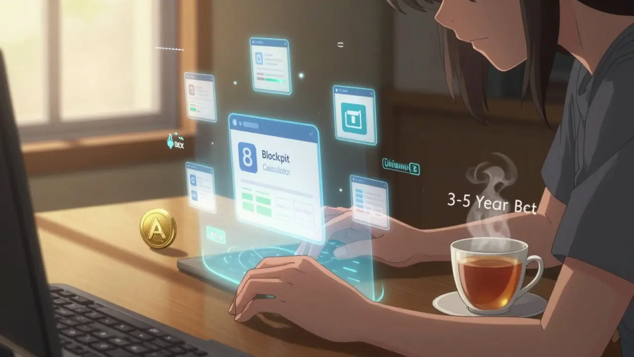 A developer's hands type beside a floating ARC token, with tax software icons and DEX logos in the background.