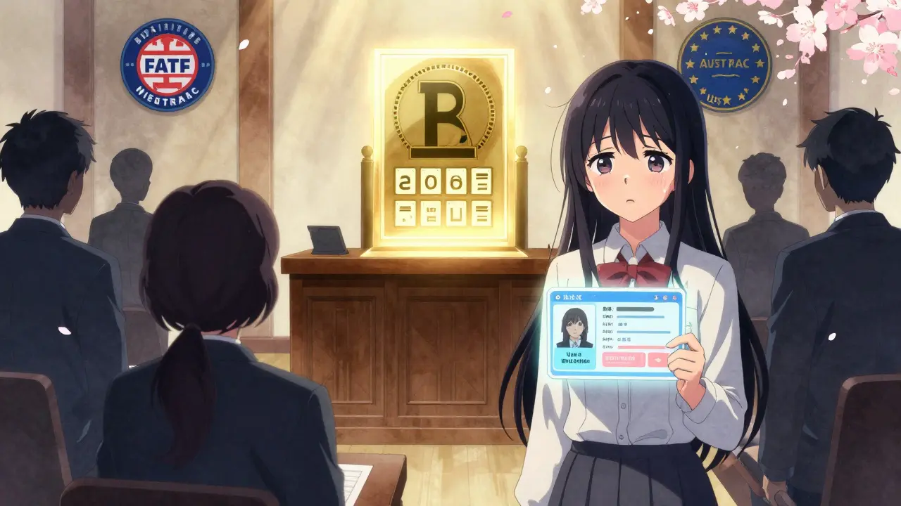 A developer in a courtroom facing regulators, with a flickering digital identity card floating above.