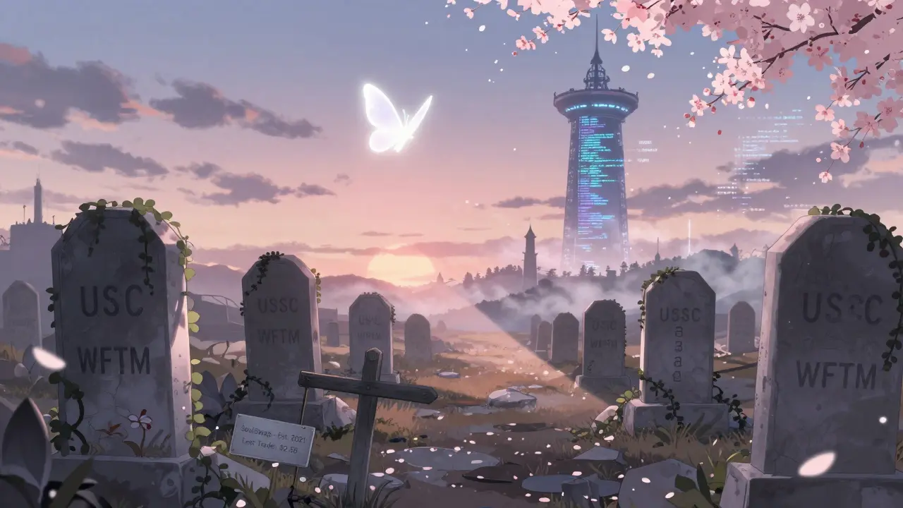 A digital graveyard with SoulSwap tombstones as a butterfly of trading data flies toward SpookySwap.