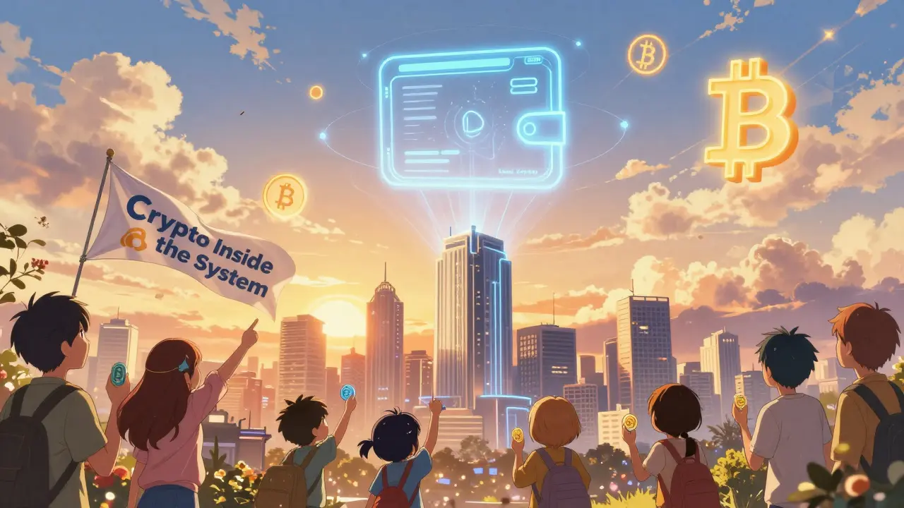 A futuristic Bolivian city with a glowing digital wallet portal in the sky, symbolizing regulated crypto in 2026.