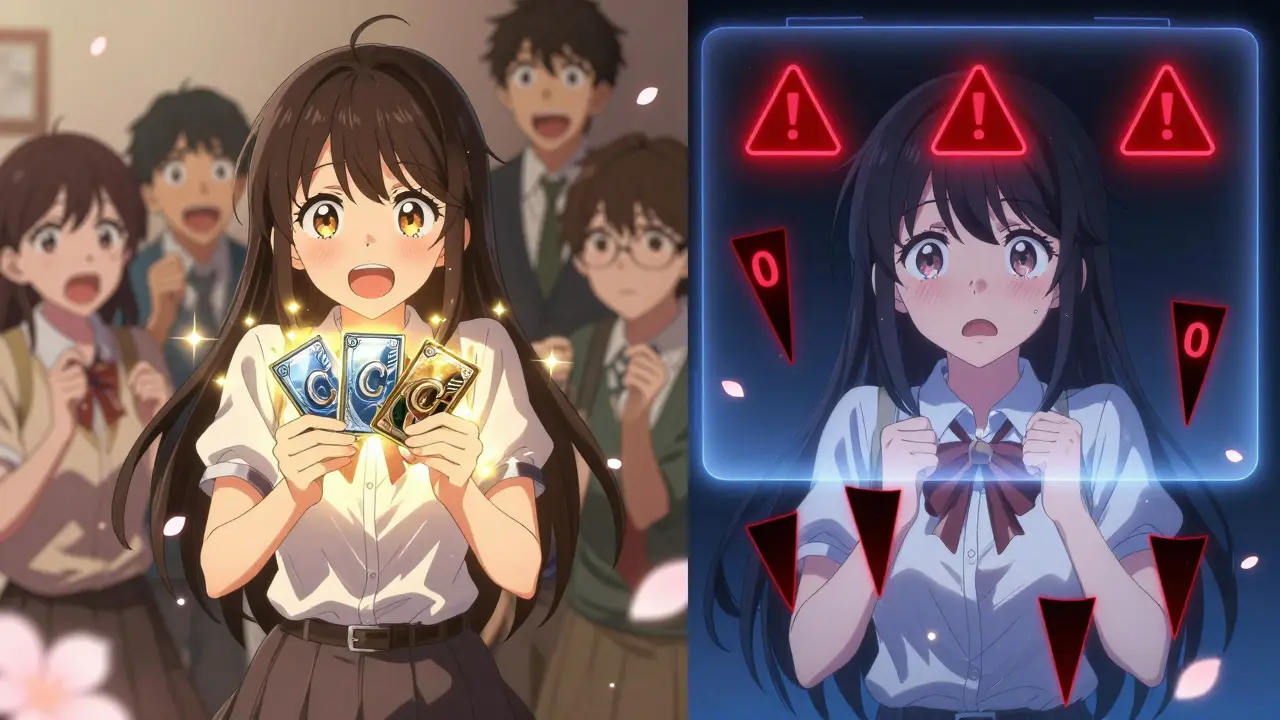 A girl excitedly unlocking a crypto card while her CRO tokens crash in a dramatic split-screen scene.