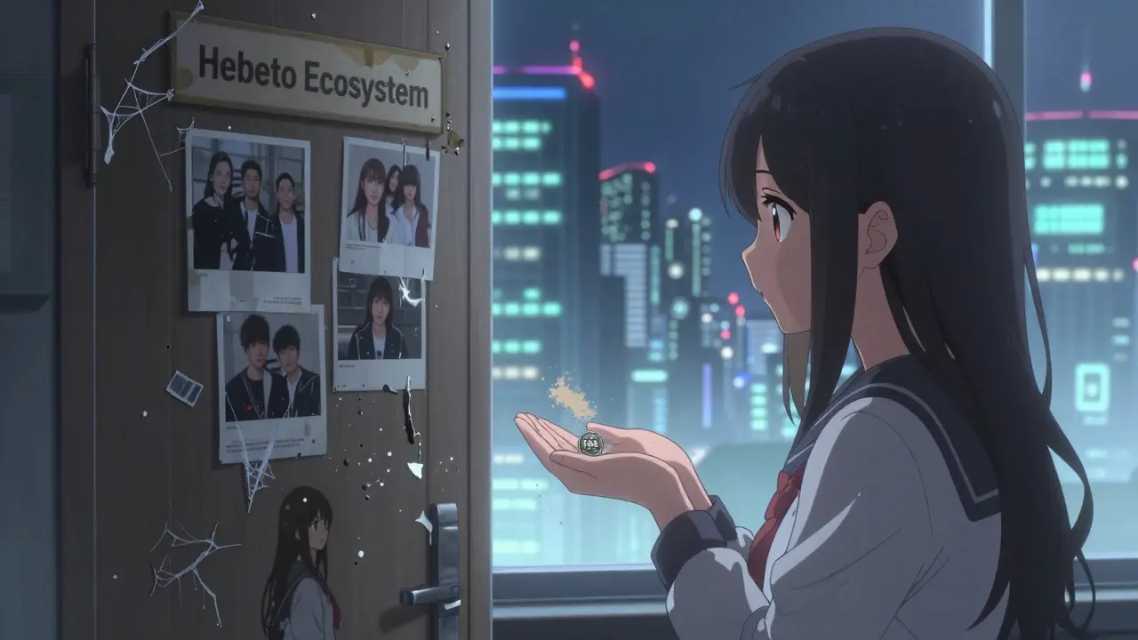 A girl holds a HBT token before a boarded-up door labeled 'Hebeto Ecosystem'.