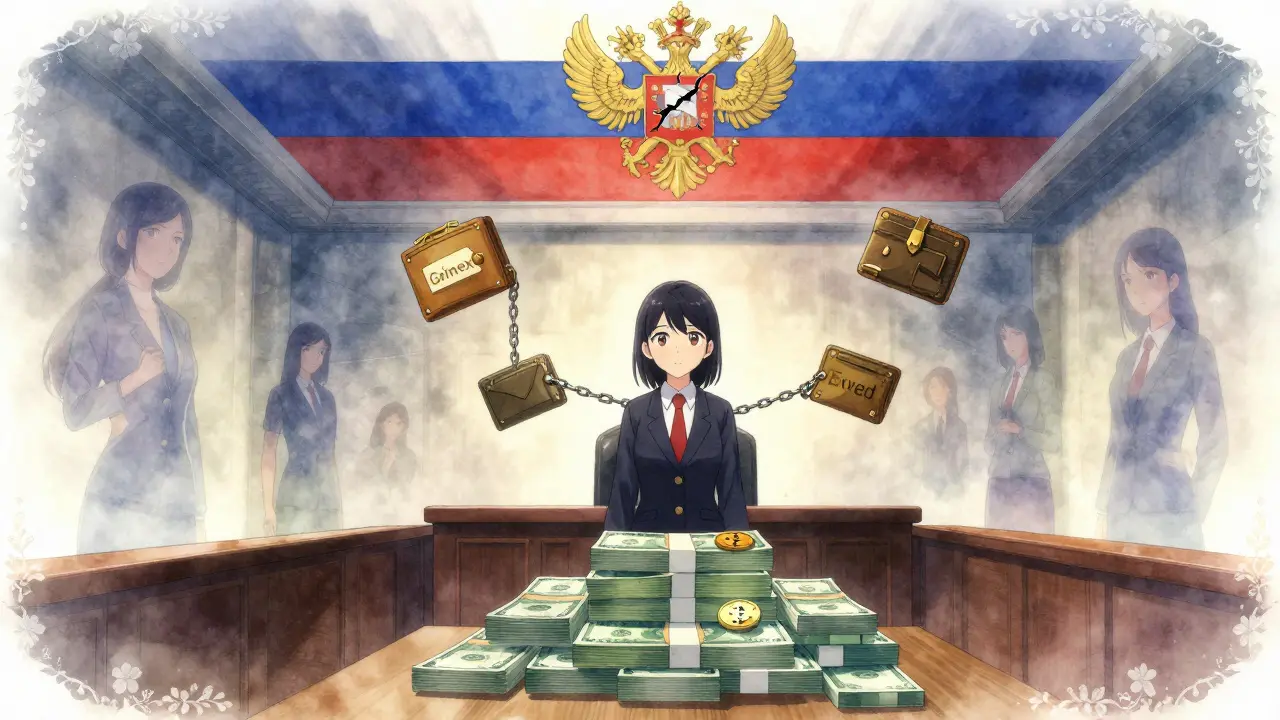 A girl in a surreal courtroom surrounded by floating crypto wallets and banknote judge, symbolizing legal risk.