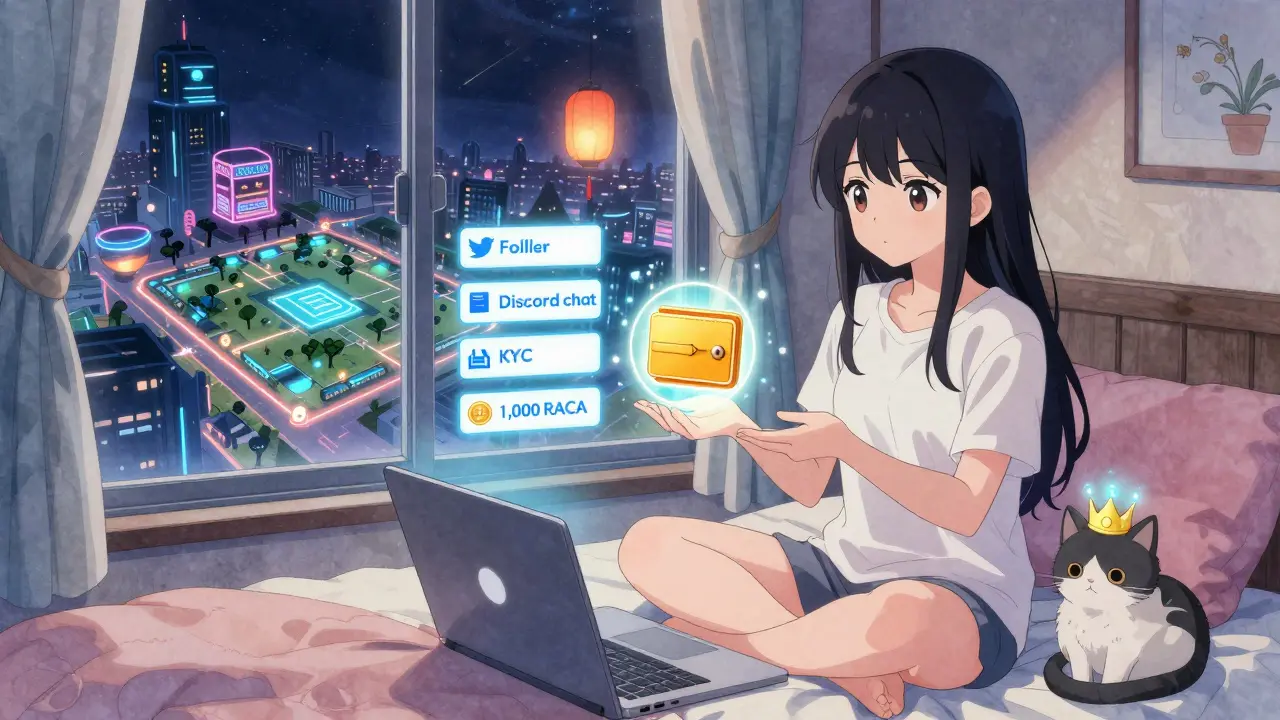 A girl in her room completing the RACA airdrop checklist as a digital wallet hovers above her hand.