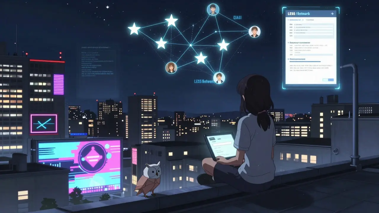 A girl sits on a rooftop as fake airdrop holograms fade, while verified projects shine like stars above.