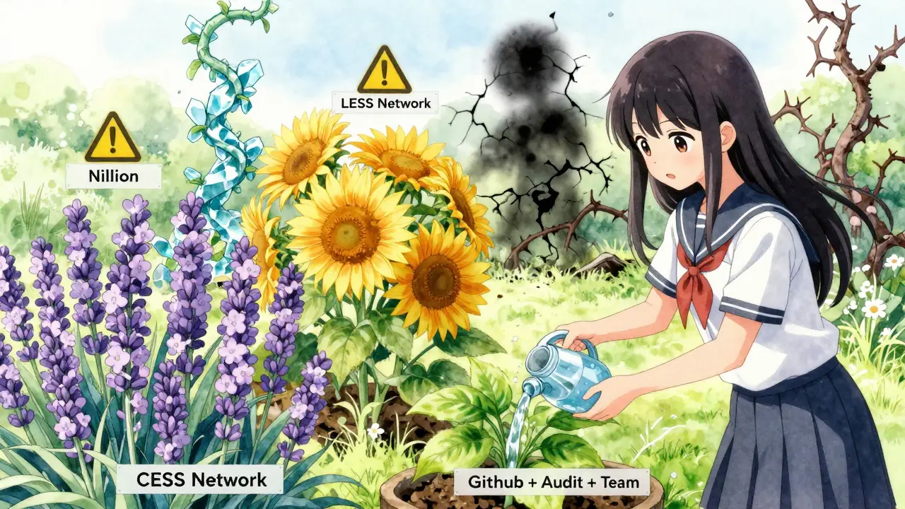 A girl tends to real crypto project flowers while fake ones wither in a magical digital garden.
