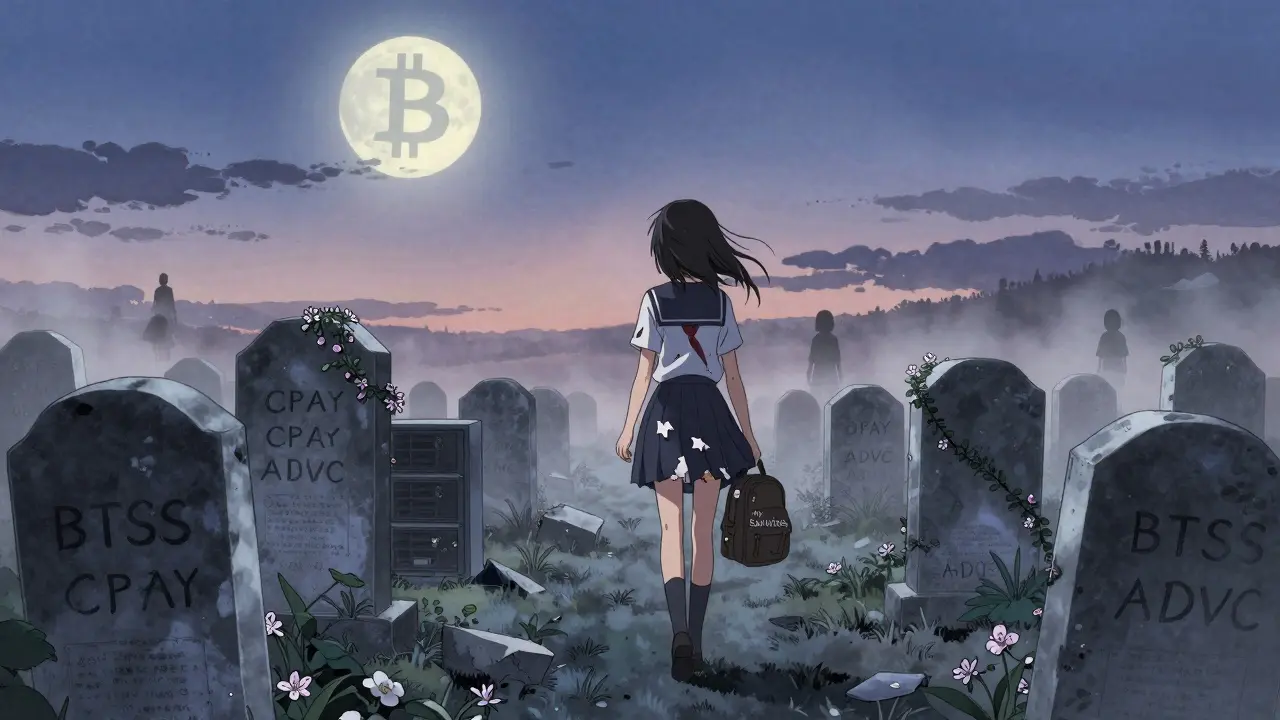 A girl walks away from a crypto token graveyard under a Bitcoin moon.