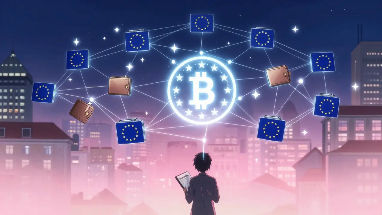 A glowing digital network of EU flags and wallets leading to a tax authority emblem above Lisbon at night.