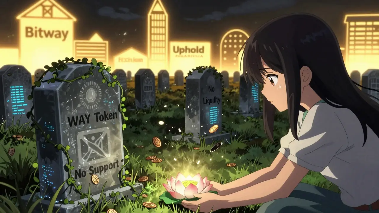 A graveyard of failed crypto exchanges with wilted digital vines, a girl placing a lotus as real exchanges glow in the distance.