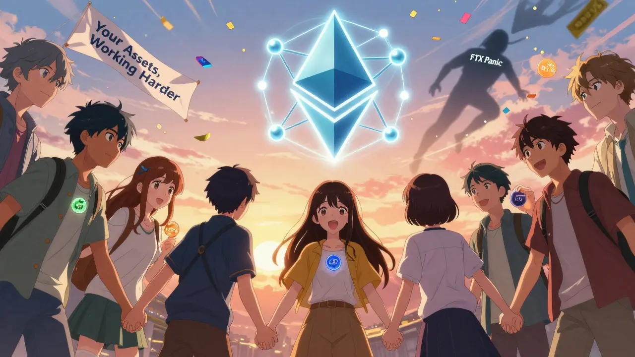 A group of friends hold different LST tokens as a blockchain glows above them, with APY confetti falling in the background.