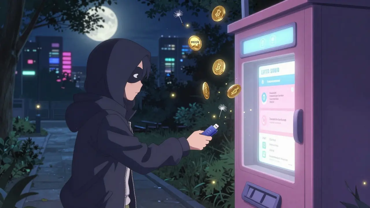 A masked trader deposits crypto at a midnight kiosk as digital coins glow like fireflies around them.