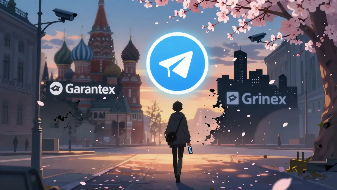 A person walking away from ghostly exchange icons in Moscow dusk, holding a safe crypto USB, cherry blossoms falling.