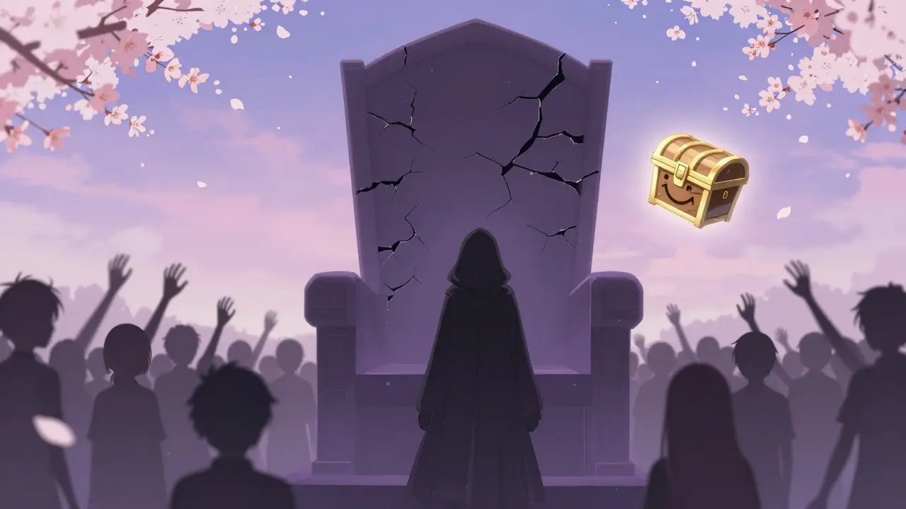 A shadowy figure stands before a throne of broken NFT chests as players reach out in vain.