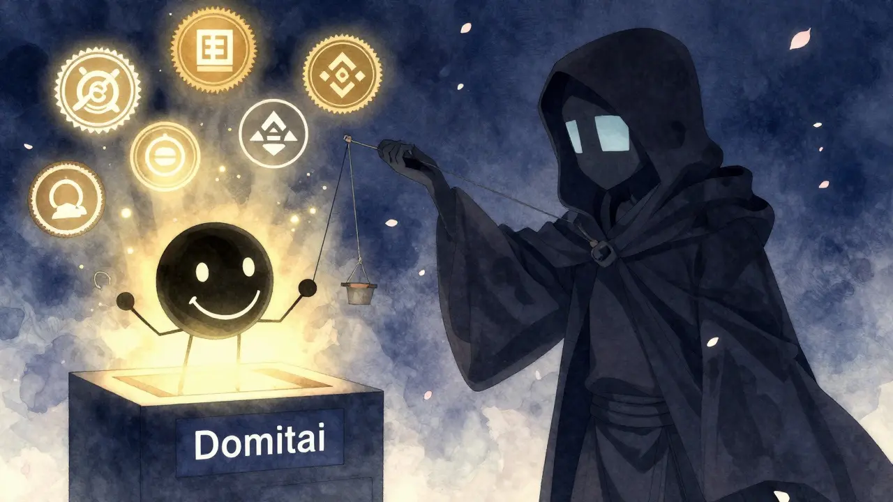 A shadowy puppeteer controlling a hollow exchange platform, while legitimate exchanges glow warmly in the background.