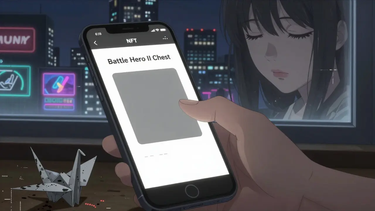 A smartphone shows a blank NFT chest, reflected in a girl's tearful eyes as city lights glow outside.
