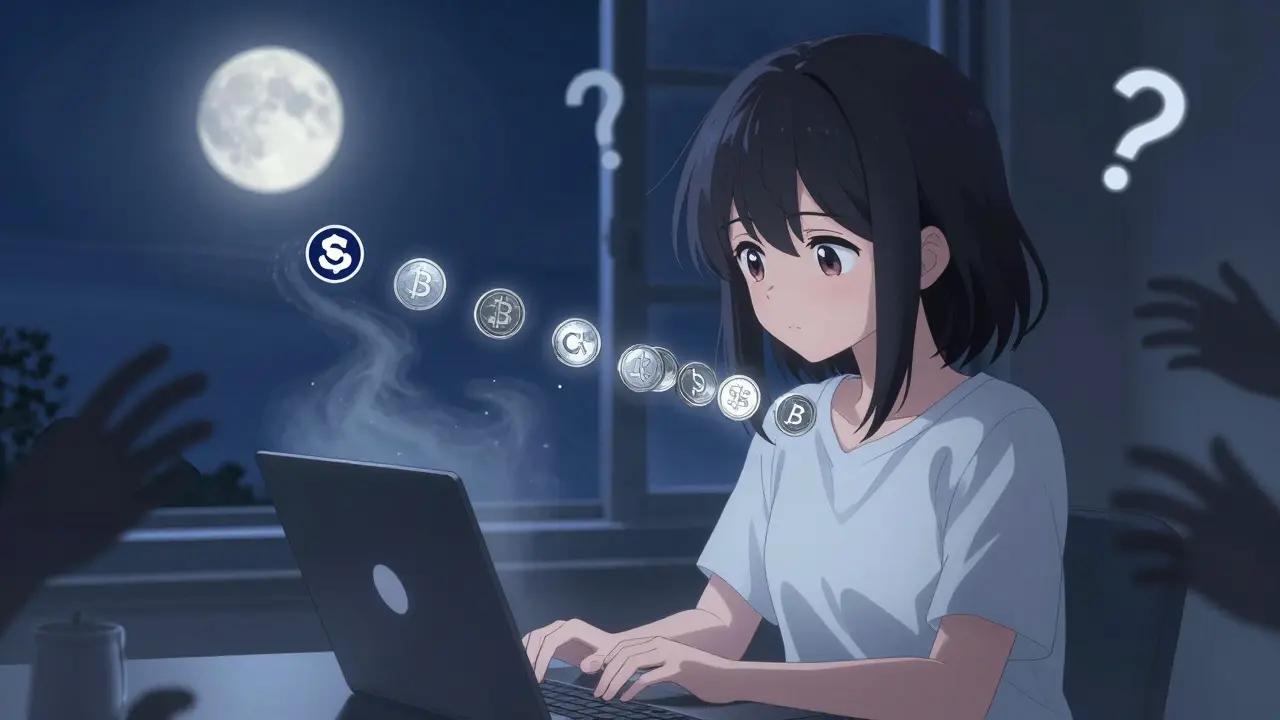 A teen transferring crypto from Crypto.com to Kraken at night, CRO tokens fading as moonlight illuminates the screen.