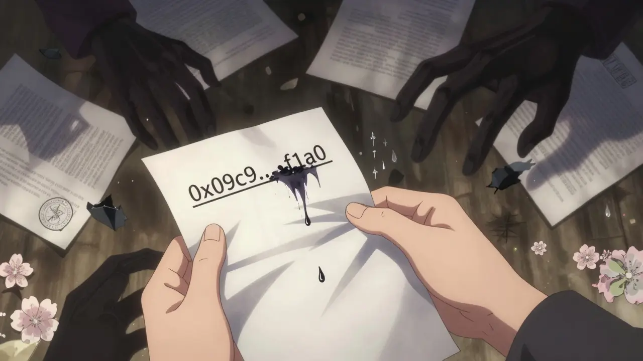 A trembling hand holds a crumbling contract address as shadowy forces reach for it.