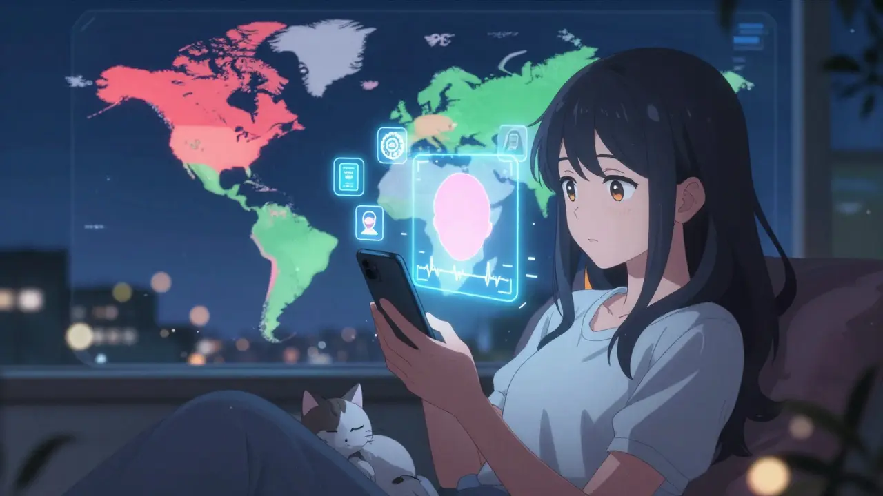 A user in Brazil completing video-KYC with AI facial recognition, surrounded by floating compliance icons.