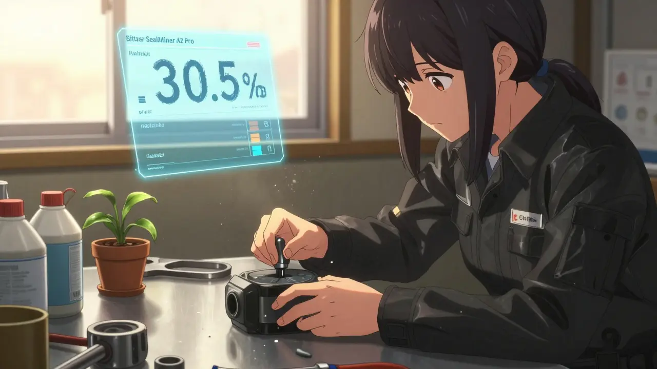 A young miner places a professional ASIC miner on a steel table, surrounded by tools and a holographic efficiency display in golden light.