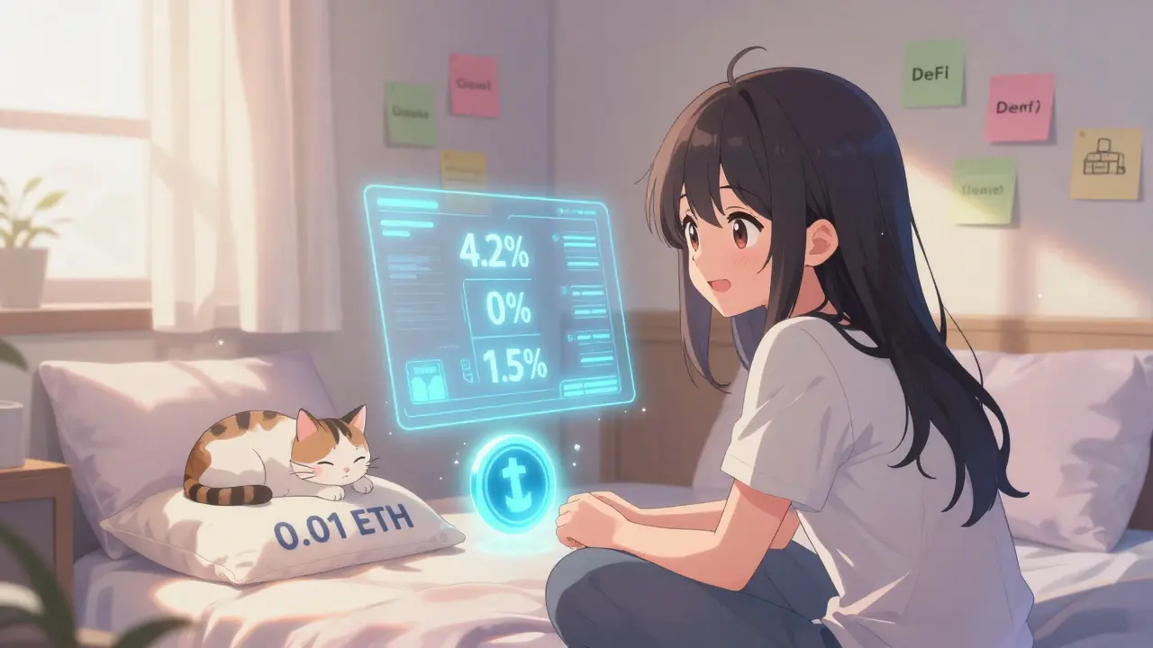 A young woman watches a holographic yield dashboard in her bedroom, with stETH tokens and a cat beside her.