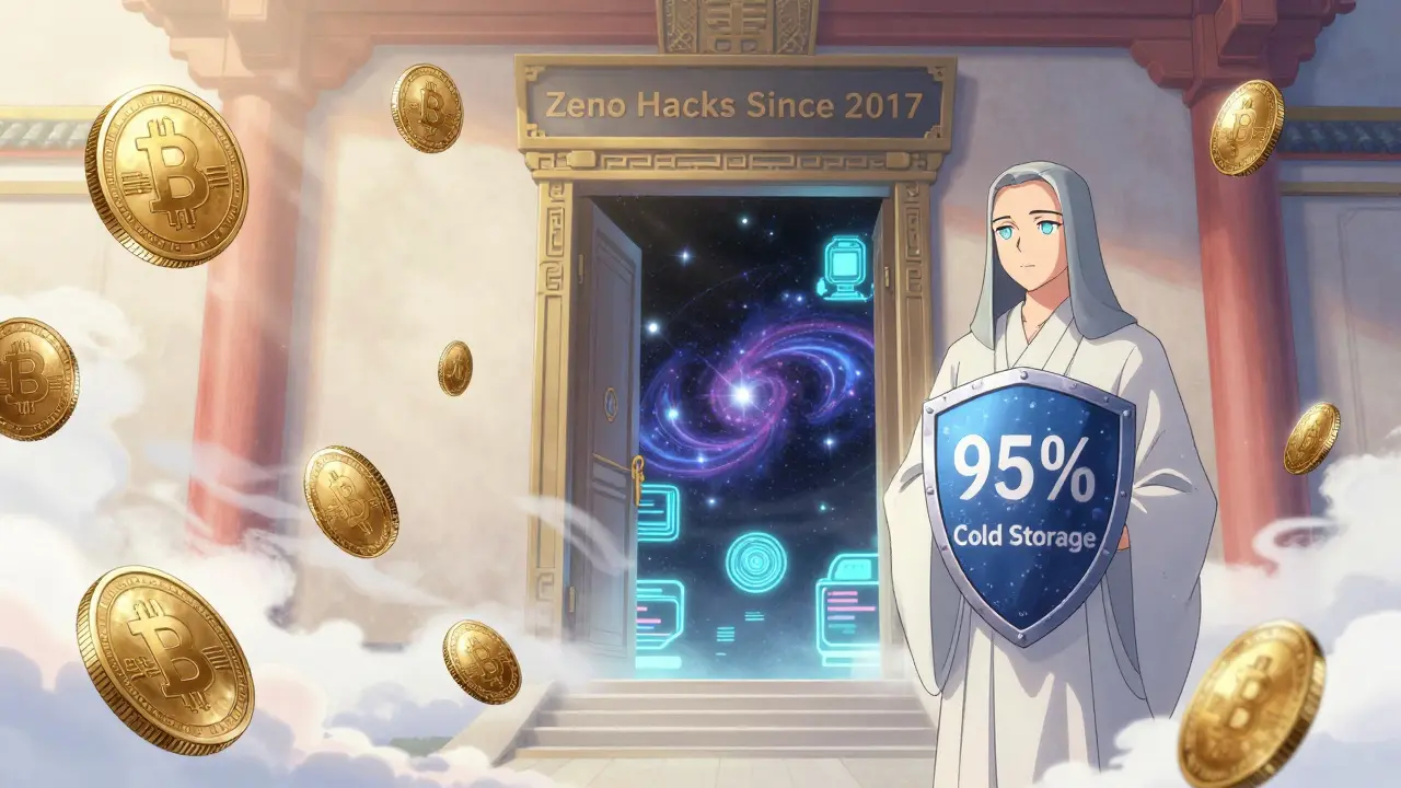 Ancient crypto coins float in a sacred digital temple guarded by a protector with '95% Cold Storage' shield.
