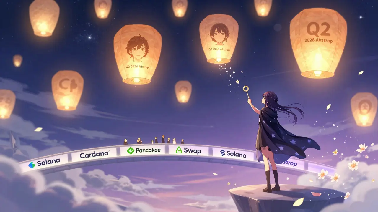 ASTRO tokens as glowing lanterns rising into the stars above a digital bridge.