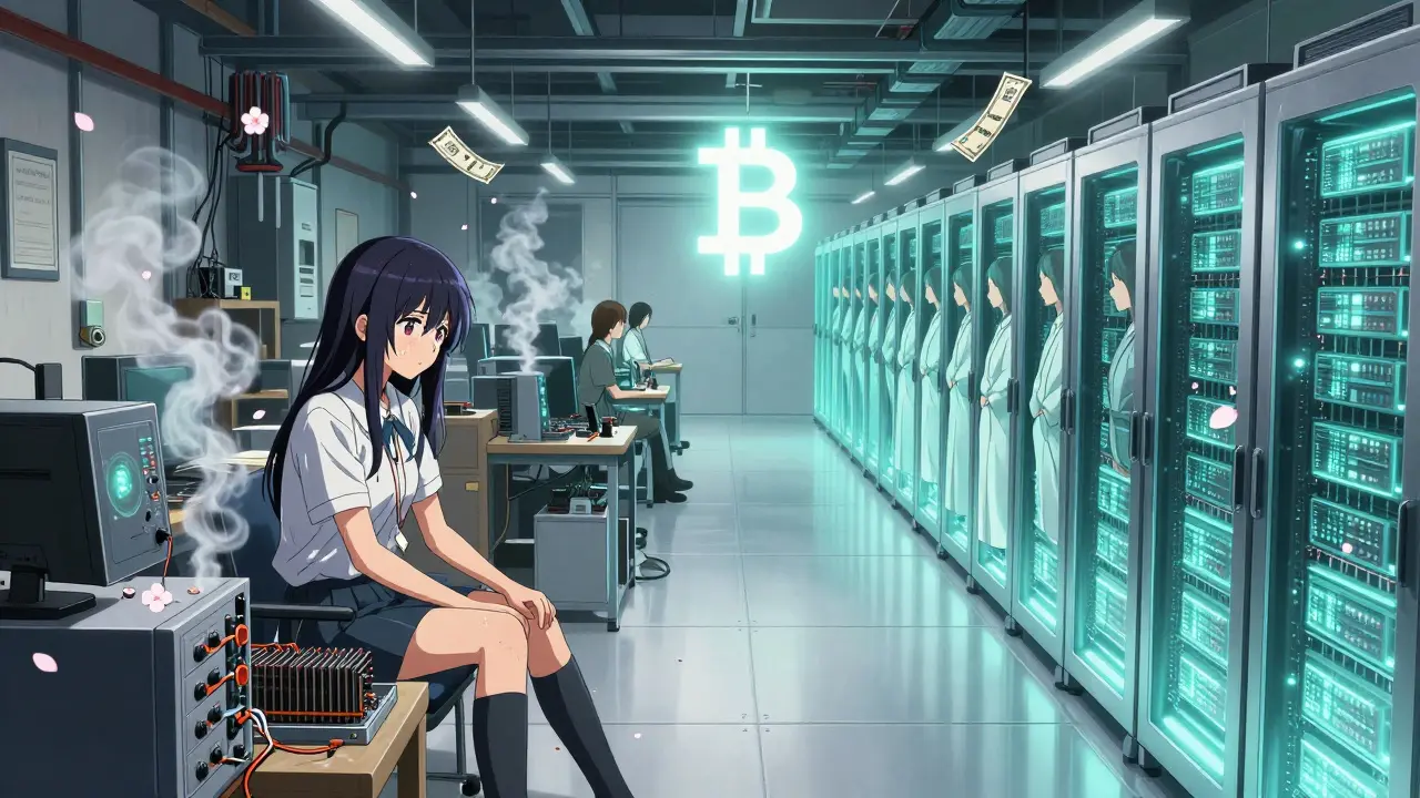 Contrasting scenes: a struggling home miner in a hot garage vs. a serene professional data center with silent, efficient miners.