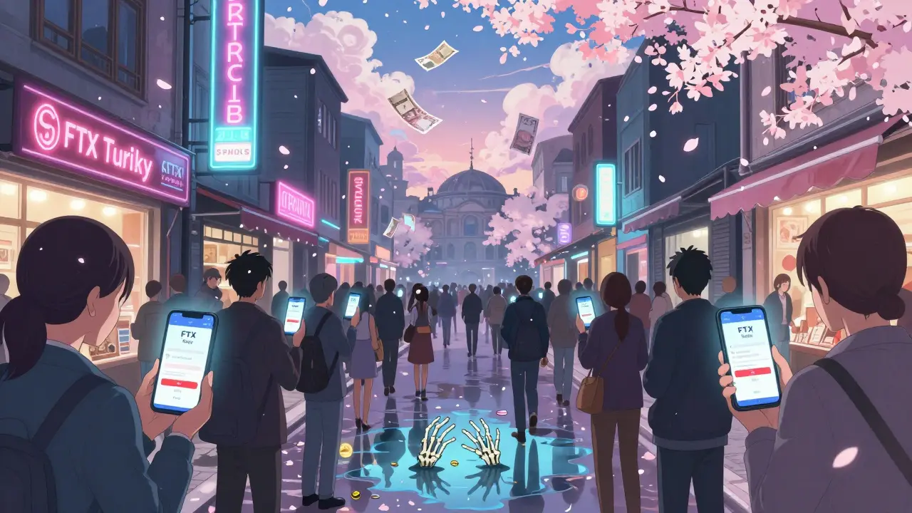 Crowd in Istanbul at night, their phone reflections showing skeletal hands stealing crypto coins from FTX Turkey.