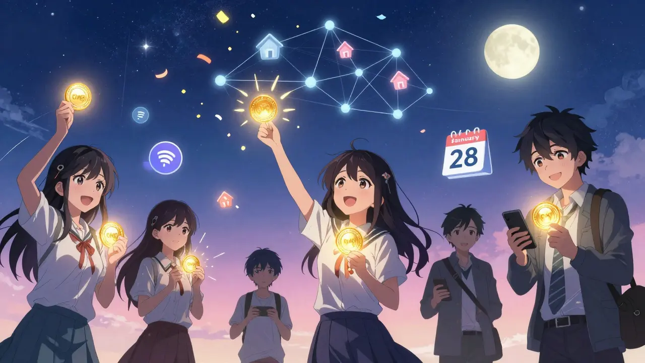Friends celebrating under a starry blockchain sky, holding CMC tokens that turn into confetti as a calendar shows the claim date.