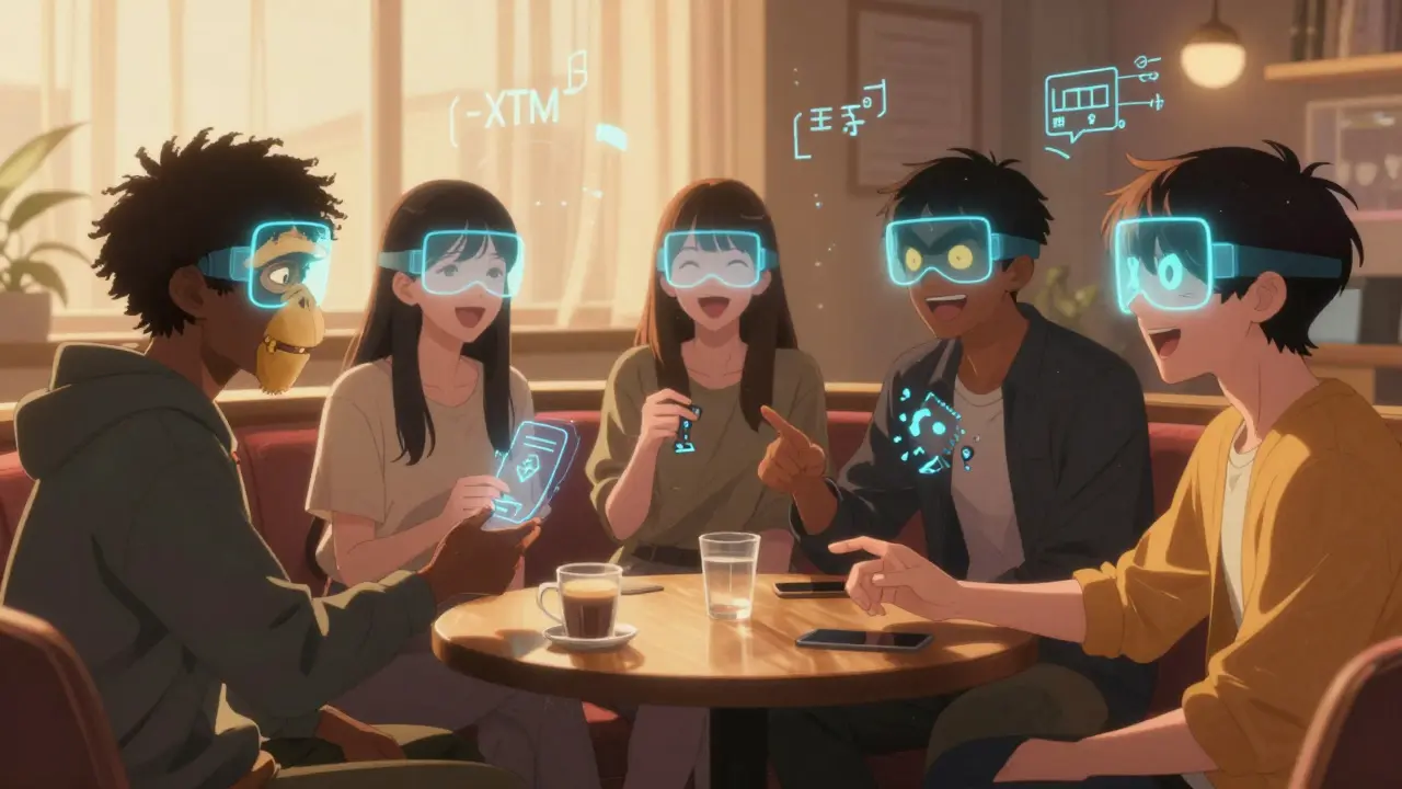 Friends in a futuristic lounge wearing glowing NFT face filters while exchanging crypto tips.
