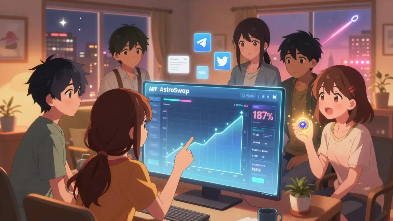 Teens gathered around a holographic screen showing 187% APY staking rewards.