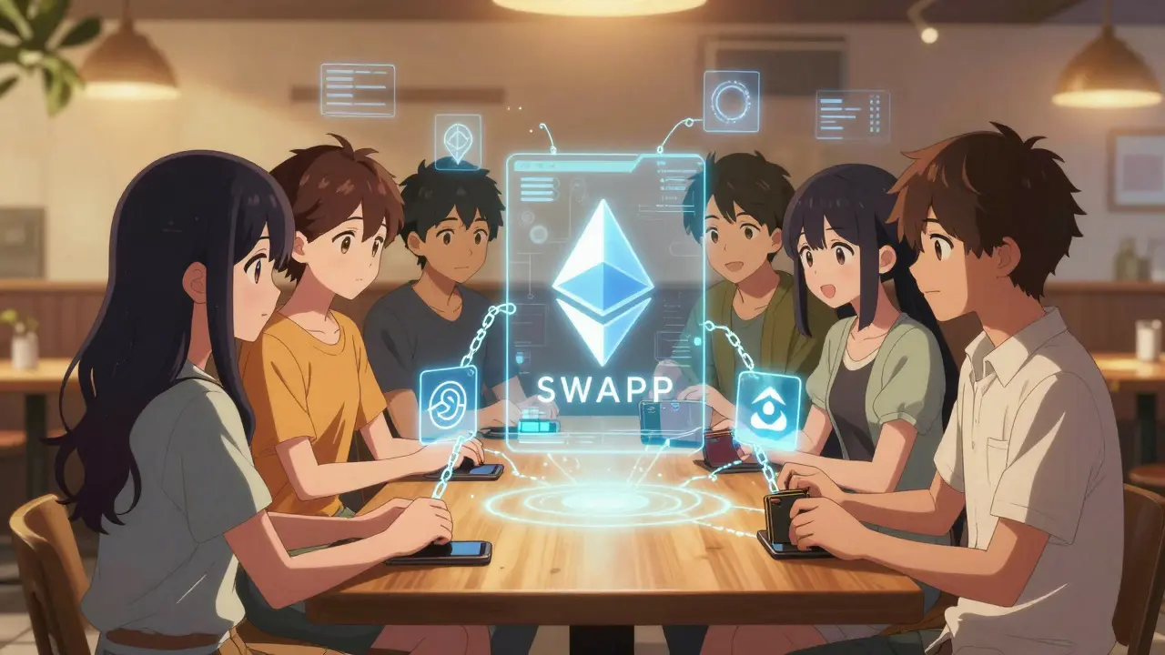 Teens interact with a glowing SWAPP testnet interface, swapping tokens across multiple blockchain icons.