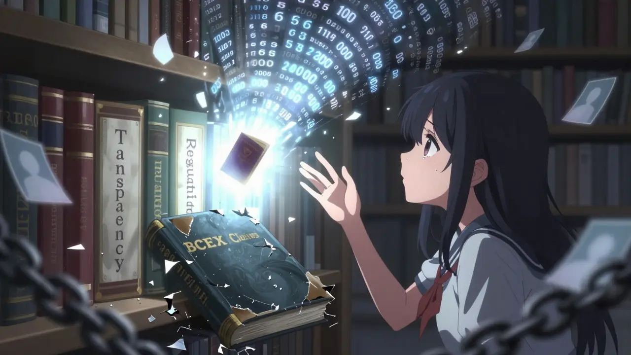 A crumbling book of false claims is being consumed by a vortex of fake trading numbers.