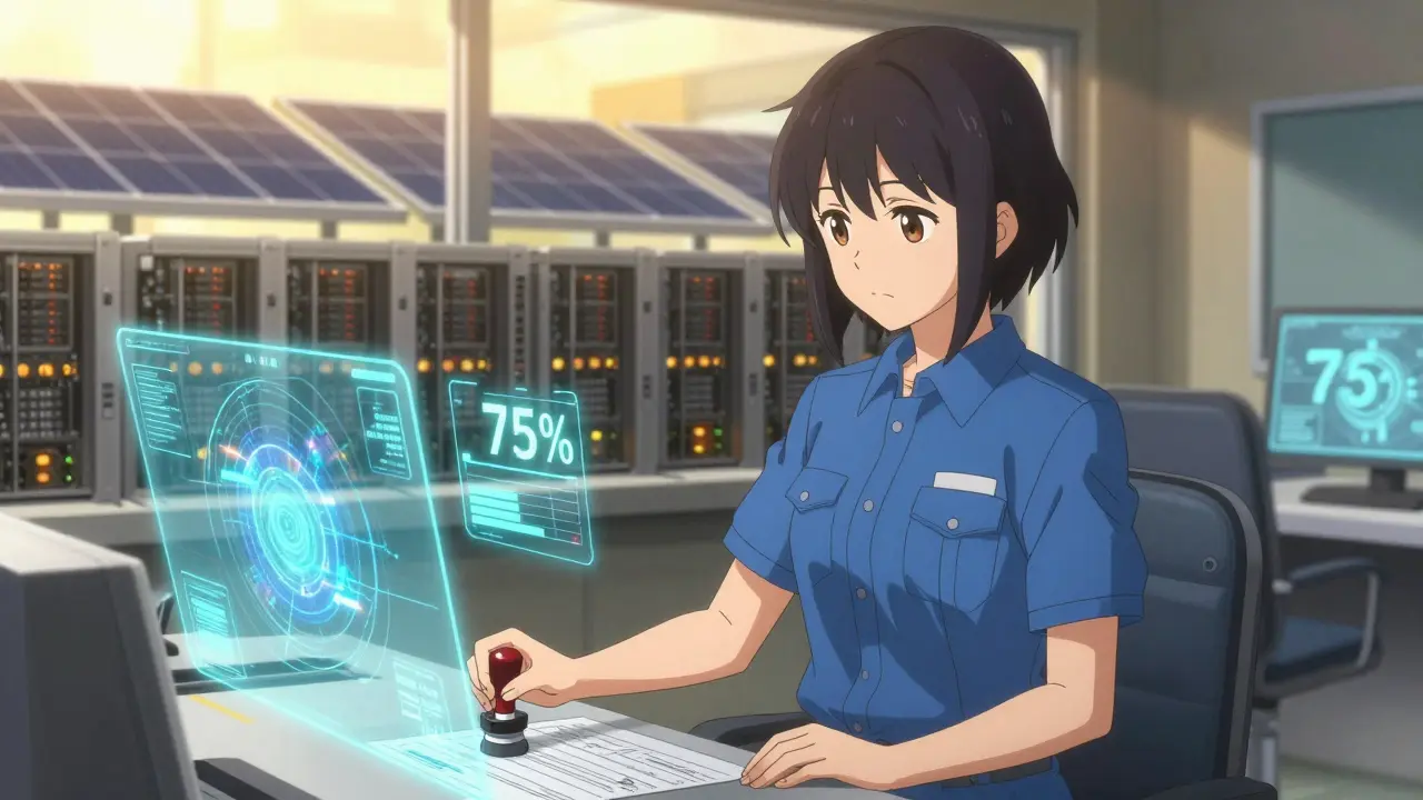 A female engineer stamps a mining license as holograms show regulated energy use.