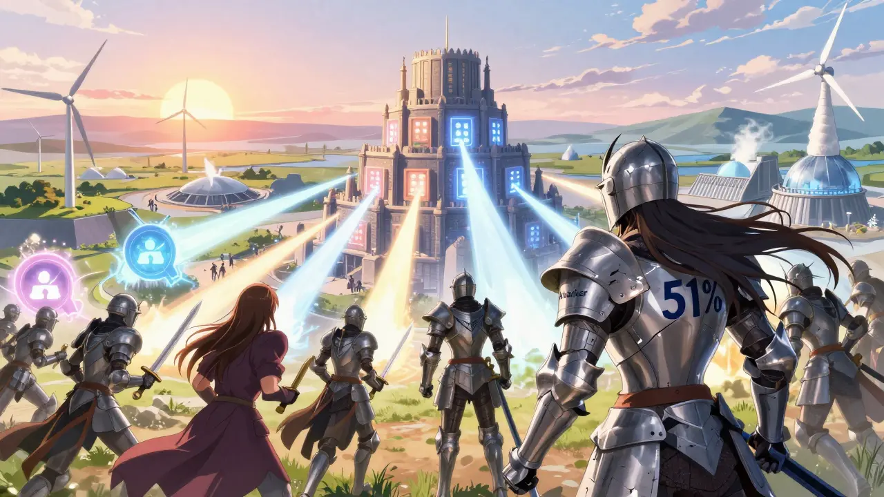 A fortress of hash rate meters defended by energy pulses, repelling an attacker as sunlight rises over global mining sites.