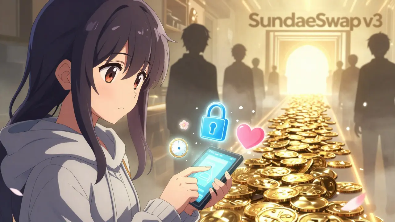A girl confirming a crypto swap with a 20-second timer and security icons floating nearby, path of coins leading to a glowing portal.