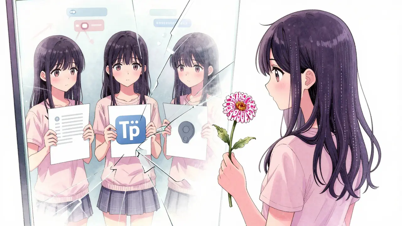 A girl holds a dying binary flower before a shattered mirror reflecting lost project elements.