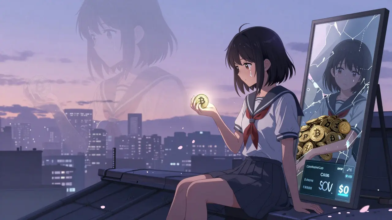 A girl holds a <h2>Should You Participate?</h2> DSG token at dusk, ghostly metaverse fades behind her, shoujo manga aesthetic.