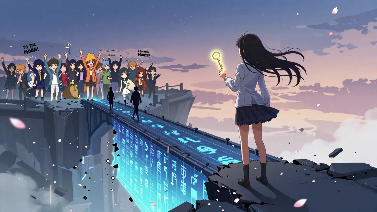 A girl stands alone as a digital bridge of crypto tokens crumbles beneath her, while others cheer in the distance.