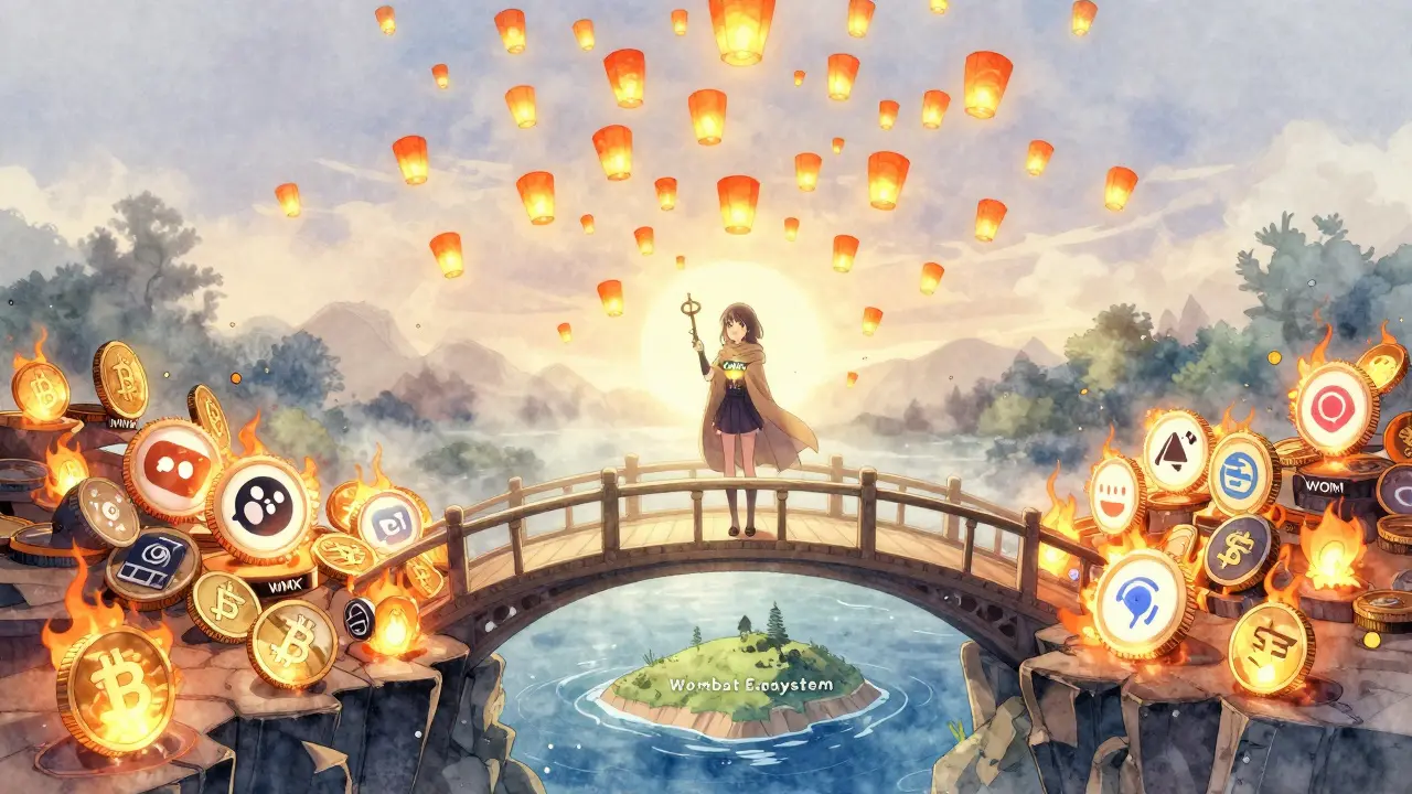 A girl stands on a bridge of WMX and WOM tokens, leaving behind chaotic crypto hype toward a peaceful ecosystem.