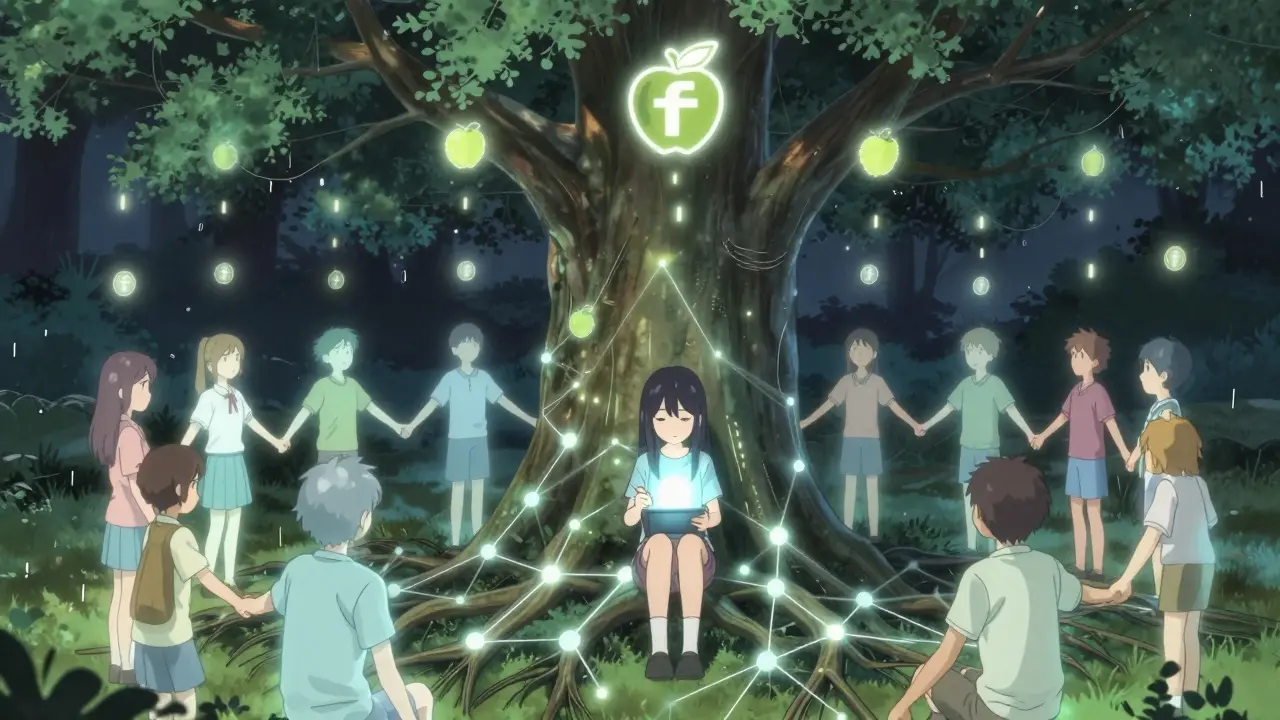 A girl under a blockchain tree teaches others as FORWARD tokens rain down, symbolizing community and education.
