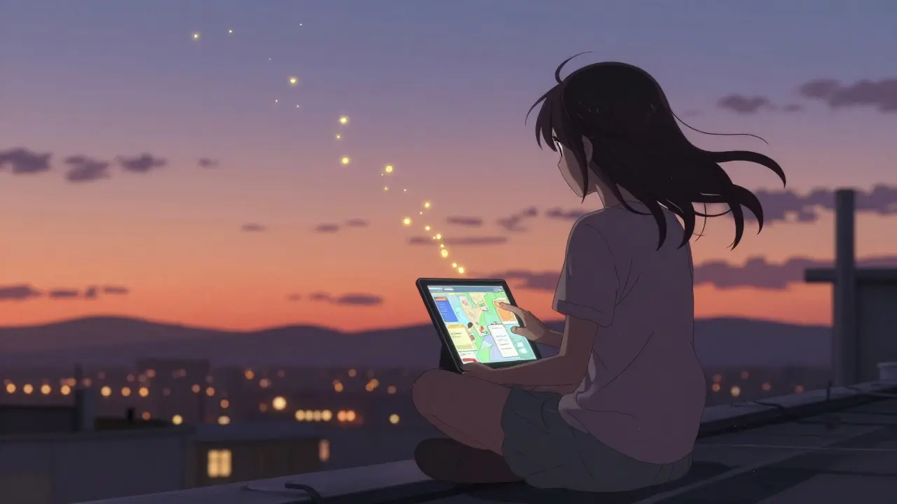 A girl uploads her 3D scan on a rooftop as HERO tokens rise into the sky at sunset.