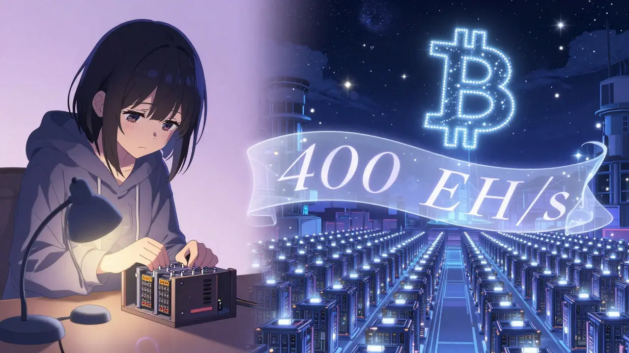 A girl with a home miner contrasted against a massive mining farm, with constellations of Bitcoin logos forming in the night sky.